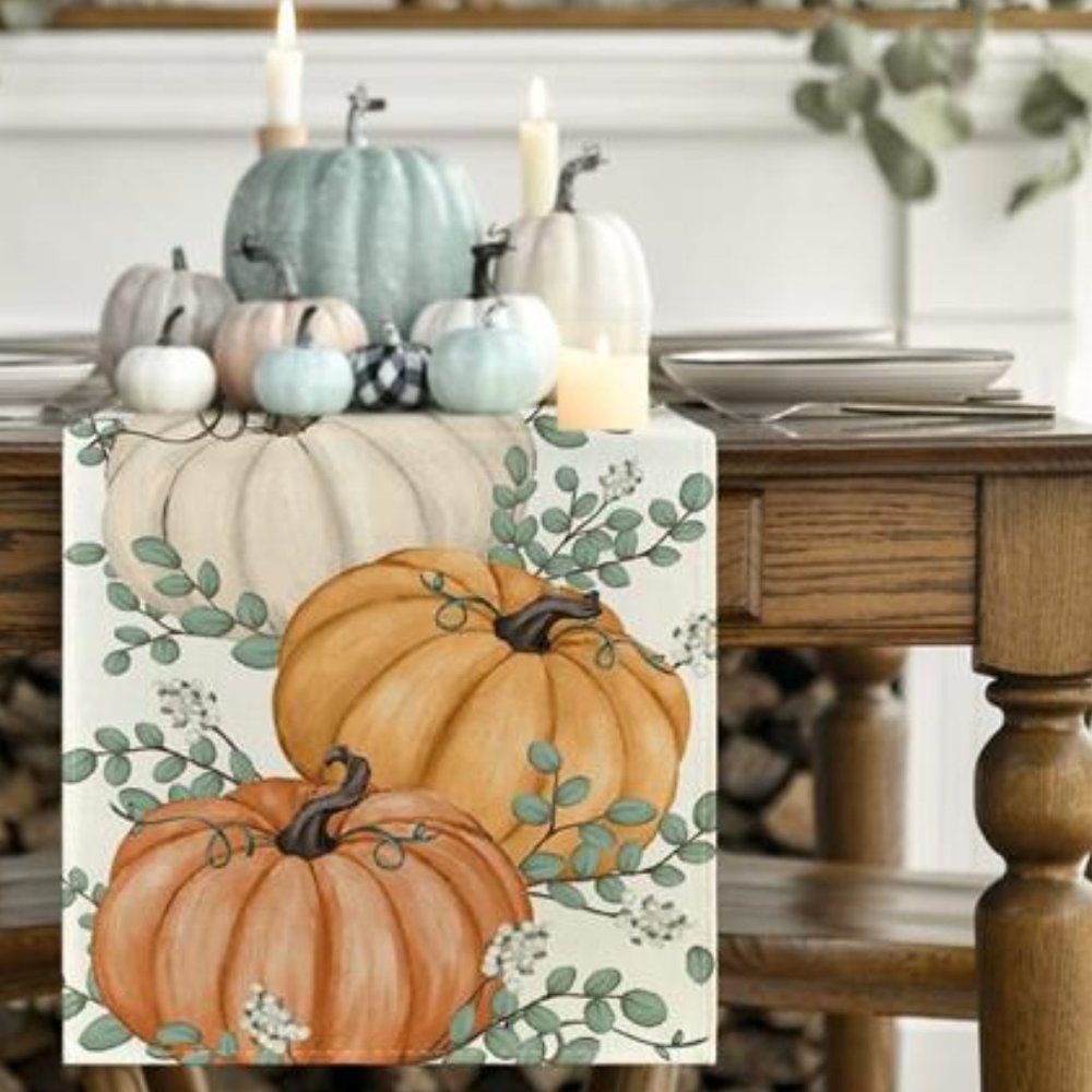 Pumpkin Table Runner Orange Cottage Farmhouse Thanksgiving Long Cloth Fall Decor - Picture 3 of 8